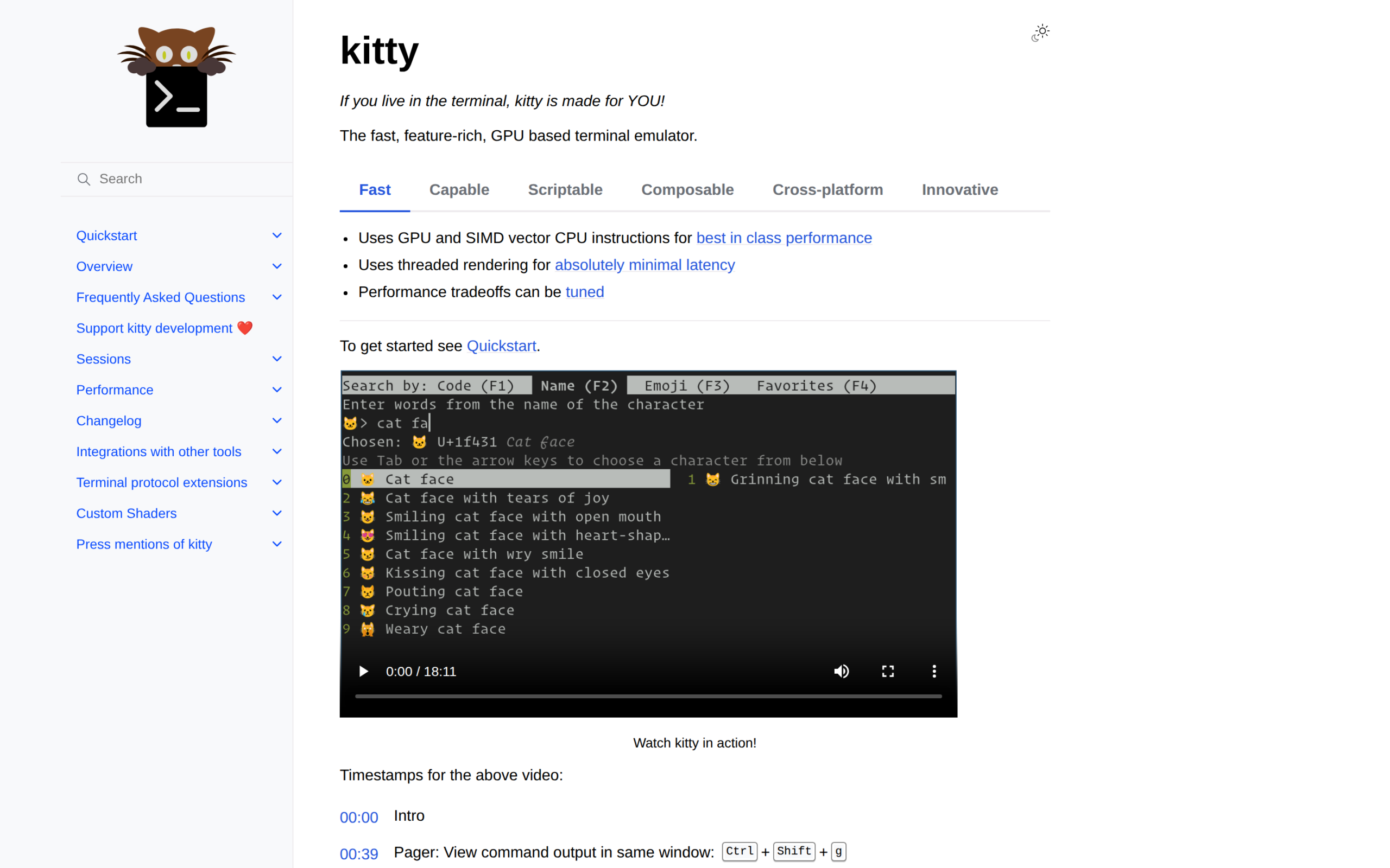 Kitty documentation page with an embedded terminal view showing emoji search