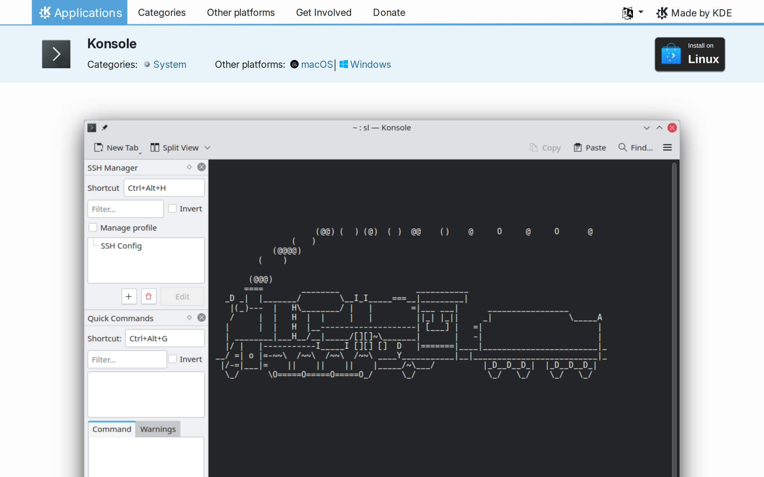 Konsole official page showing its terminal window and split-view controls