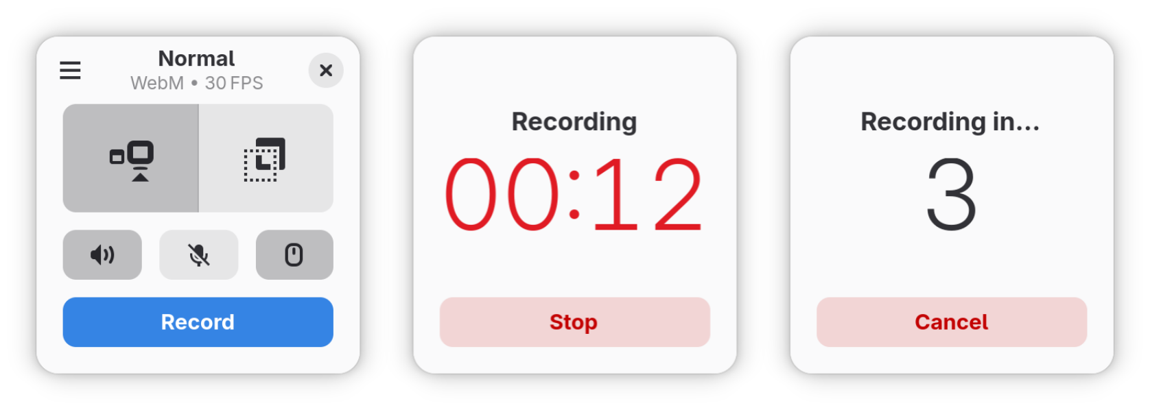Kooha's capture setup, recording timer and countdown states