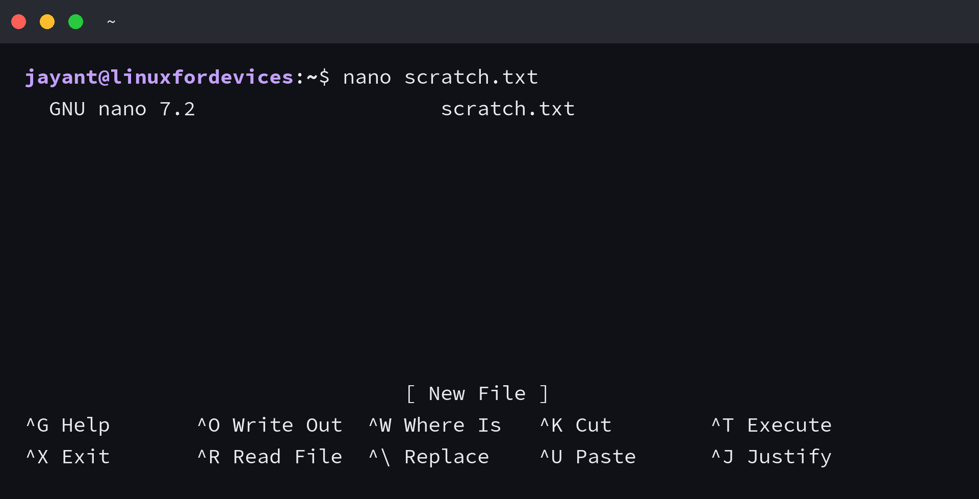 nano 7.2 open on a new file with the shortcut bar along the bottom two rows