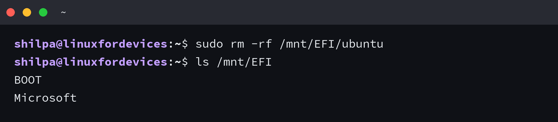 Listing of the EFI directory after removing the ubuntu subdirectory, showing only BOOT and Microsoft