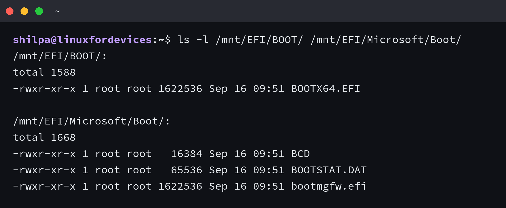 File sizes of EFI/BOOT/BOOTX64.EFI and EFI/Microsoft/Boot/bootmgfw.efi shown as an identical 1622536 bytes
