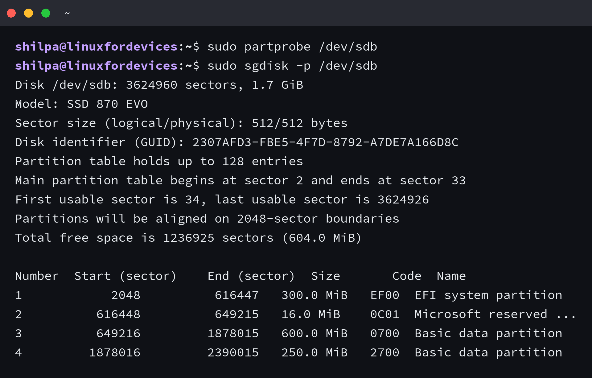 sgdisk partition table after the deletions showing four Windows partitions and 604 MiB of free space