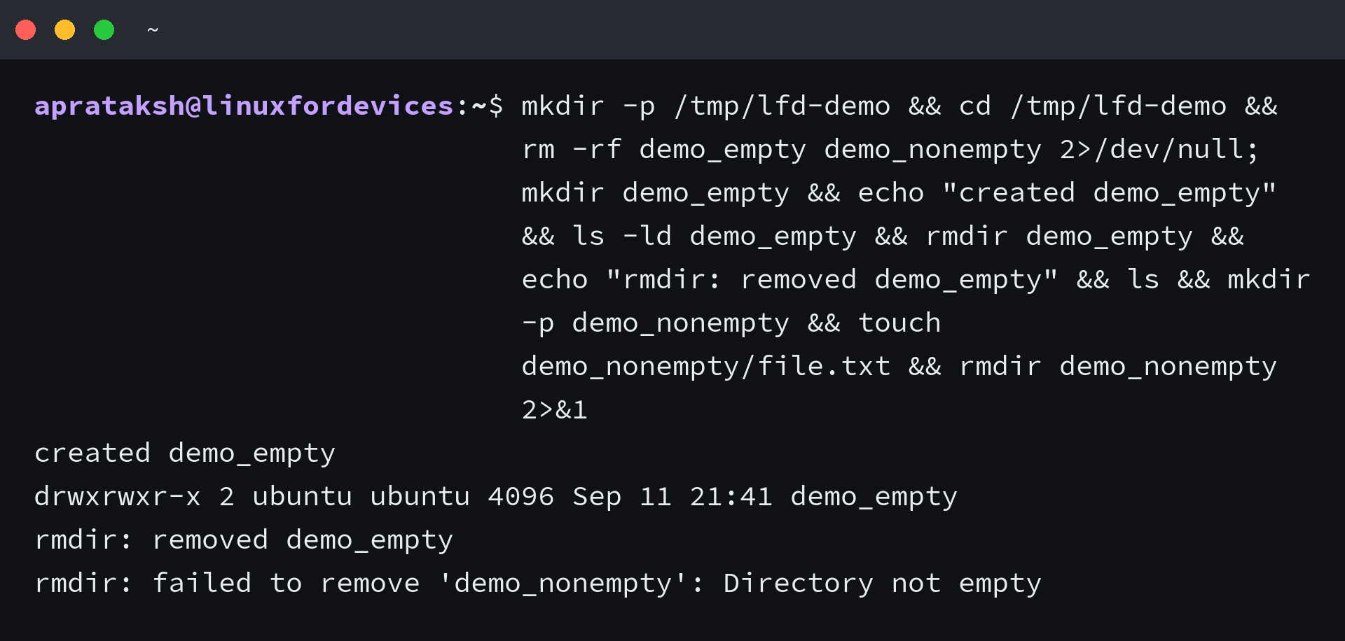 rmdir empty vs non-empty error in Linux terminal