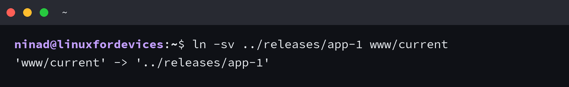Terminal showing ln -sv printing the created link and its target