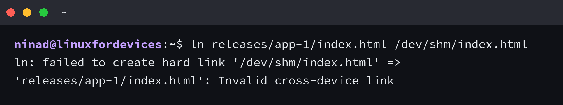 Terminal showing ln refused with Invalid cross-device link when the second name lands on another filesystem