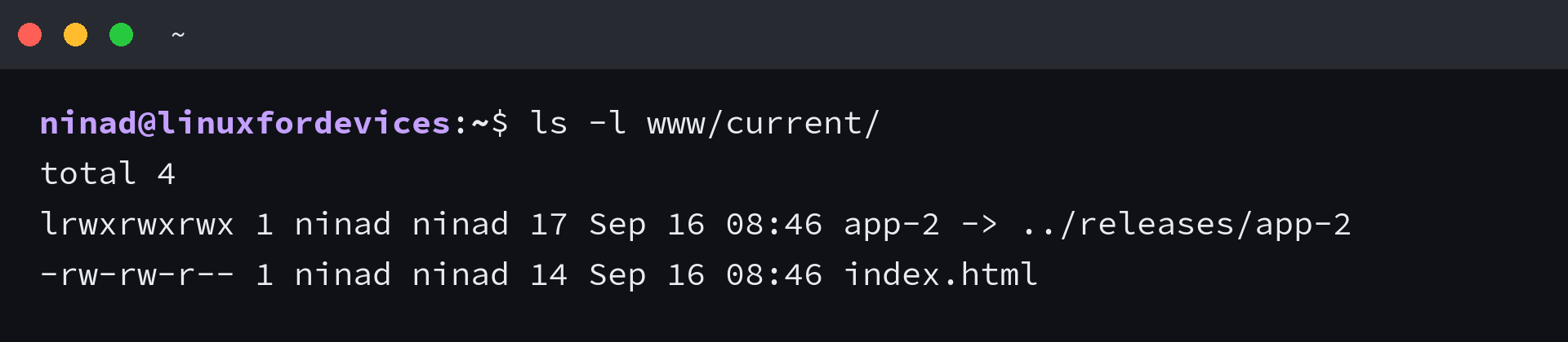 Terminal listing a release directory that now contains an unexpected extra link named after the new target