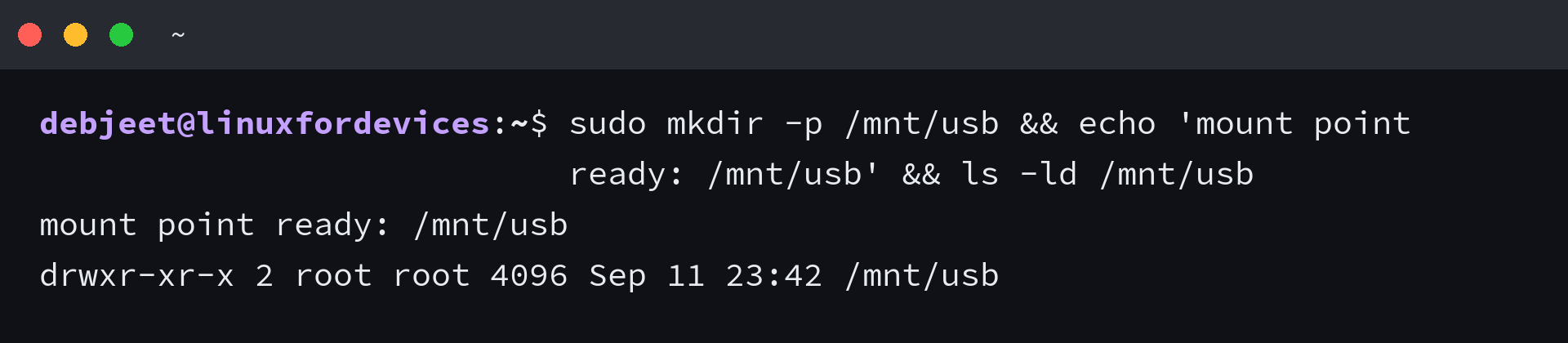 Terminal showing the mkdir command that creates the mount point, with a confirmation line and the directory listing