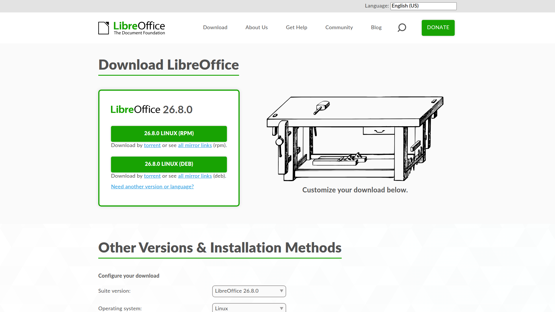 LibreOffice 26.8.0 download page showing the current release