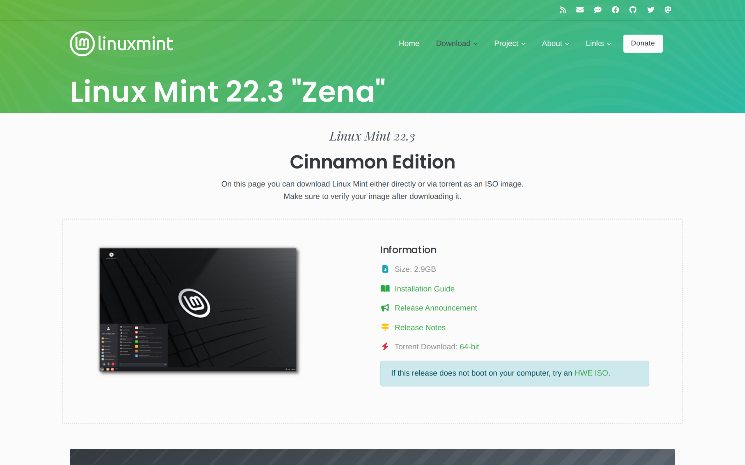 Linux Mint official page showing Linux Mint 22.3 Zena Cinnamon Edition