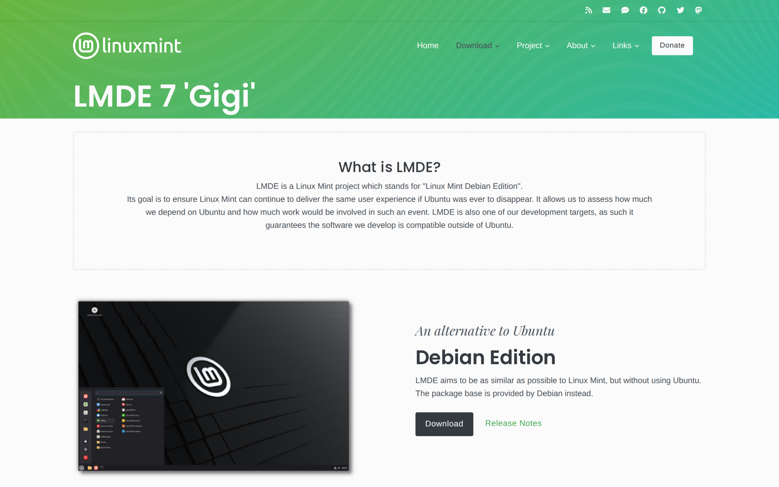 Linux Mint official download page showing LMDE 7 Gigi