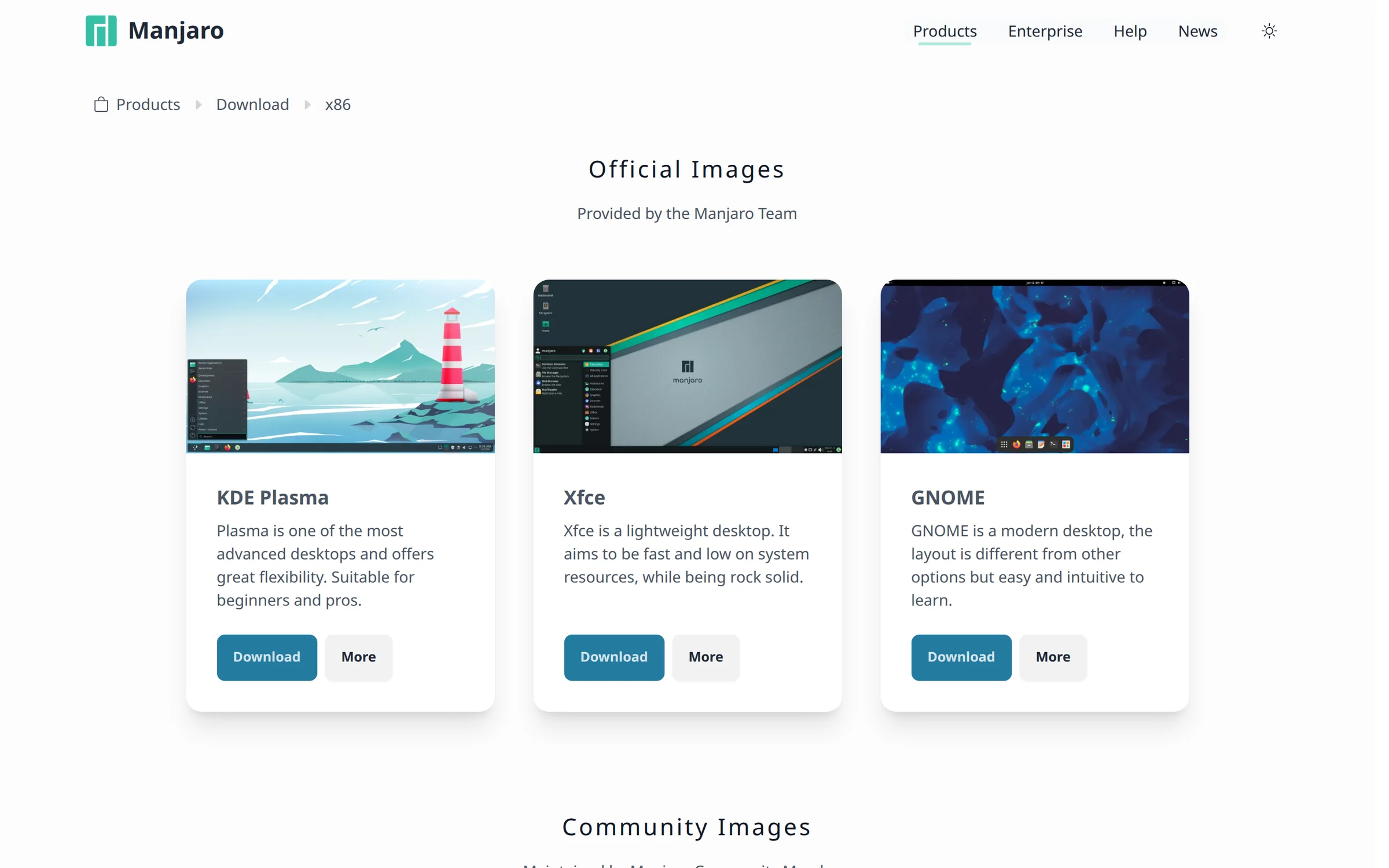 Manjaro official x86 download page with KDE Plasma, Xfce, and GNOME choices