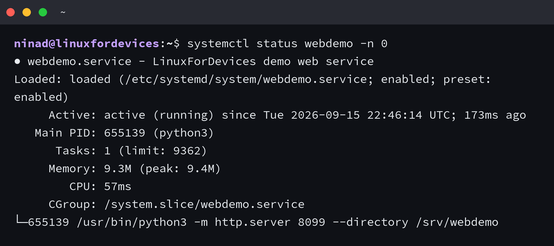 systemctl status output for a running service, showing the loaded unit file path, an active running state and the main PID