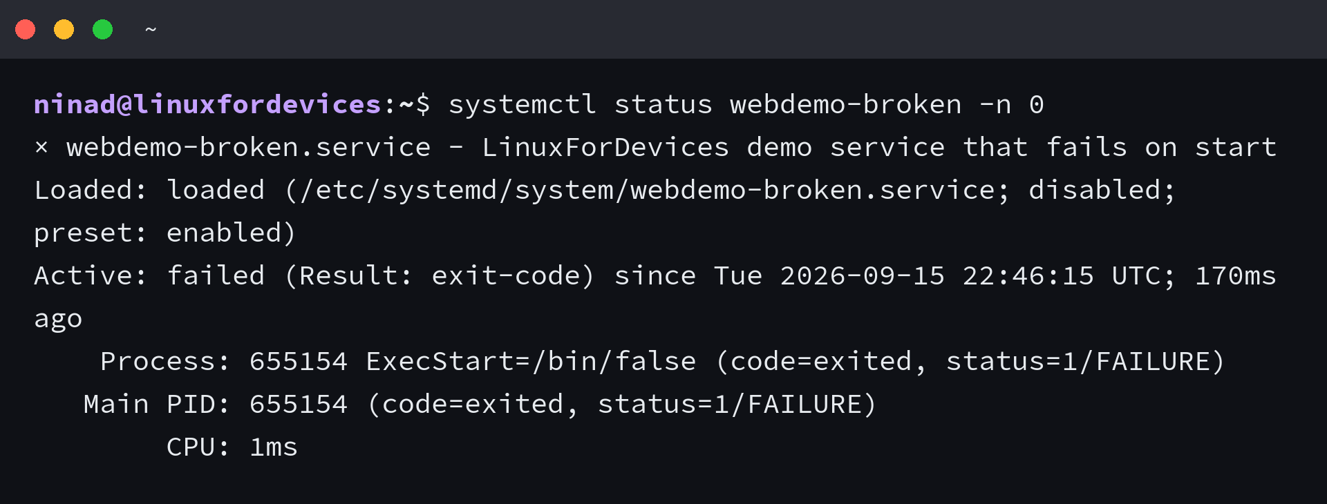 systemctl status output for a failed unit, showing Active failed with Result exit-code and the process exit status