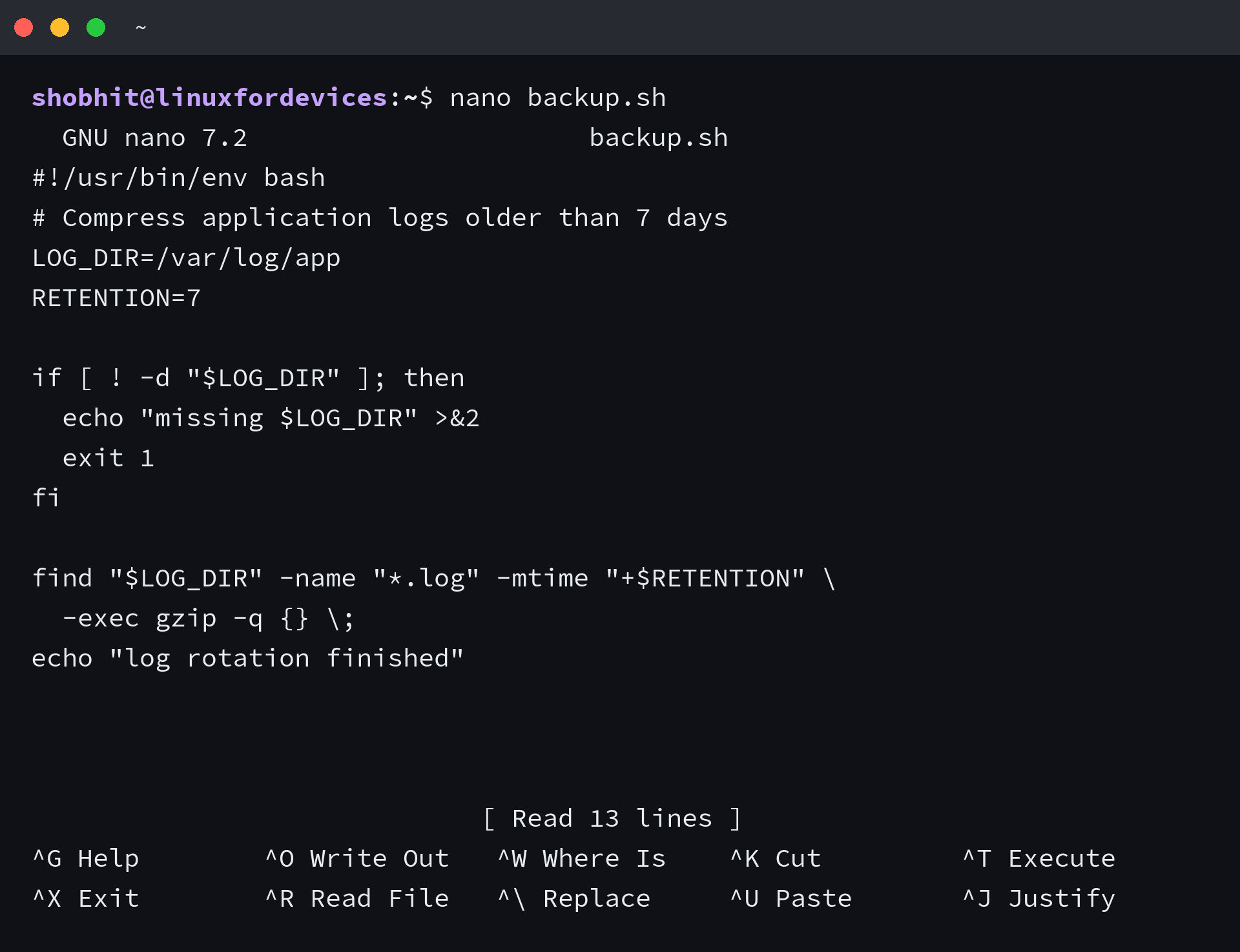 nano 7.2 open on a shell script with the file name in the title bar and the command legend below