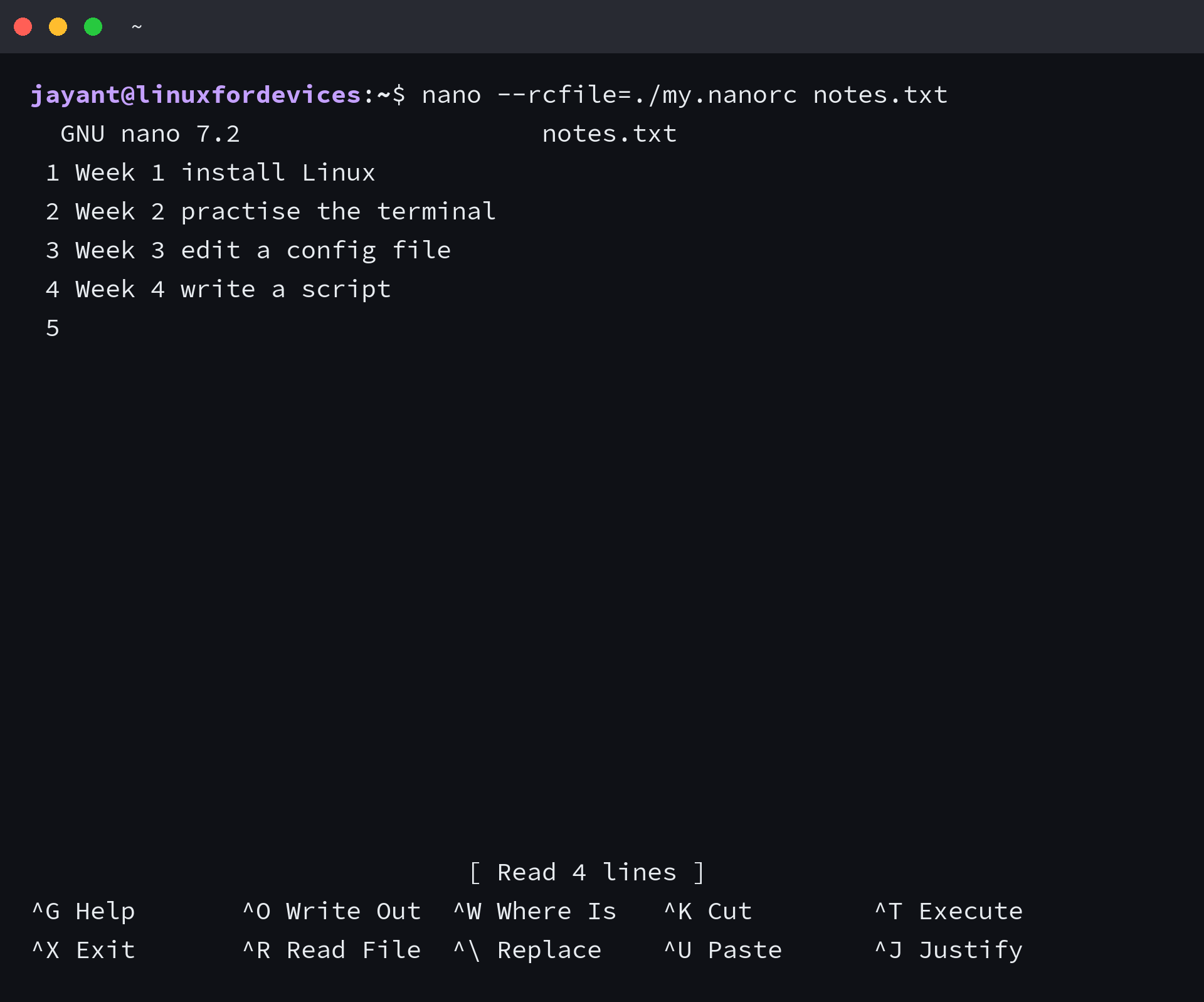 nano started with a nanorc showing line numbers and soft wrap