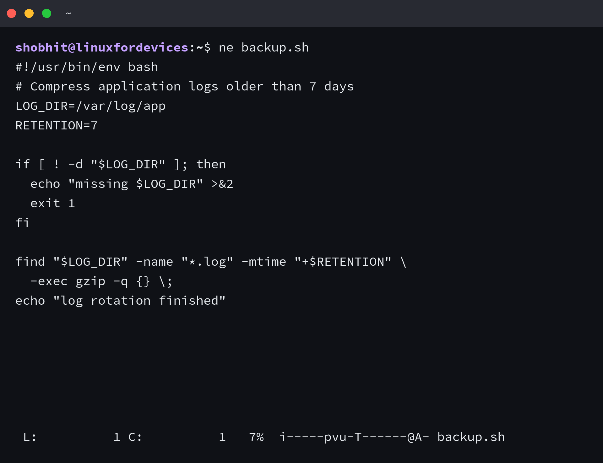 ne open on a shell script with a status line showing the cursor position and the percentage through the file