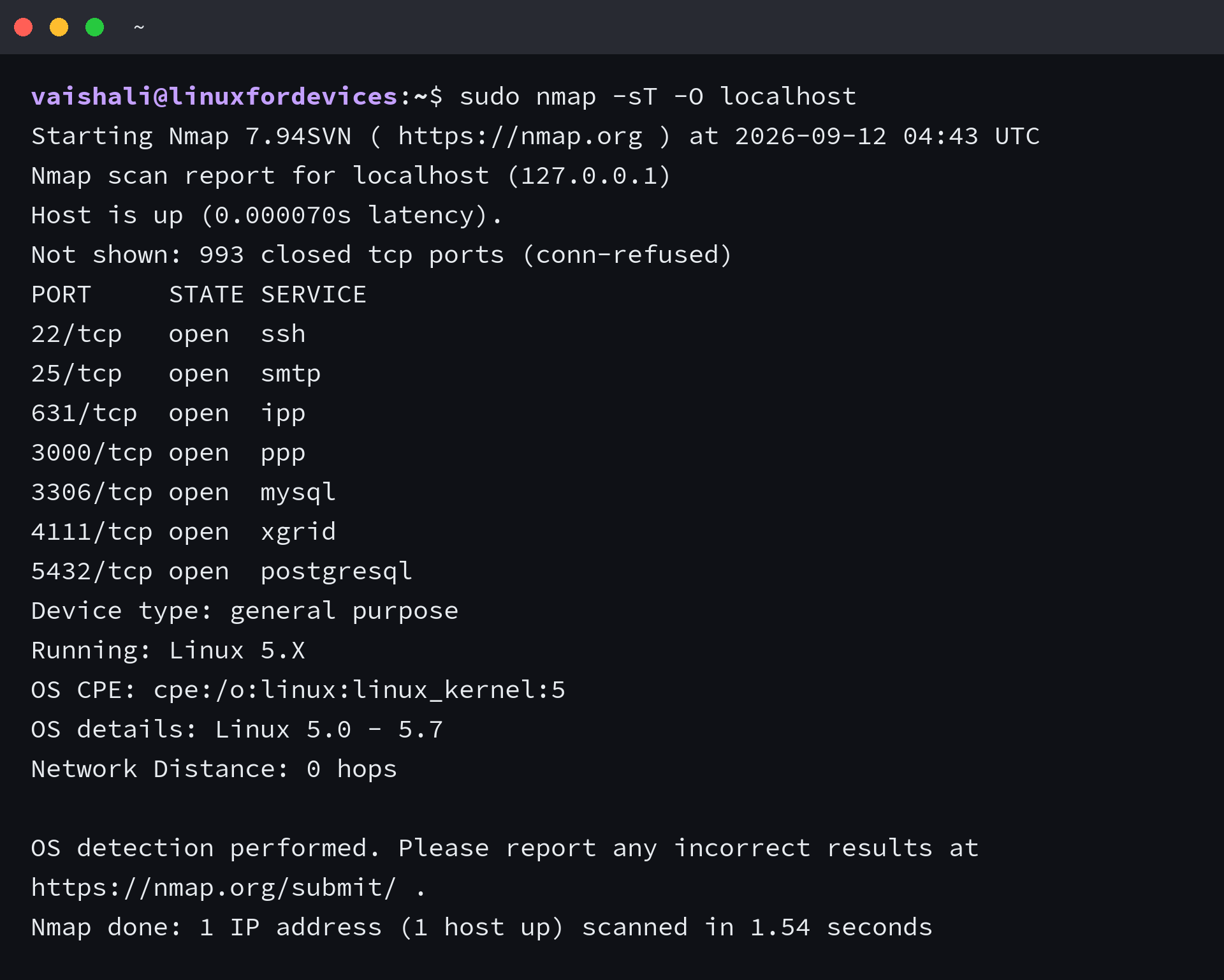 nmap scan of localhost showing open ports