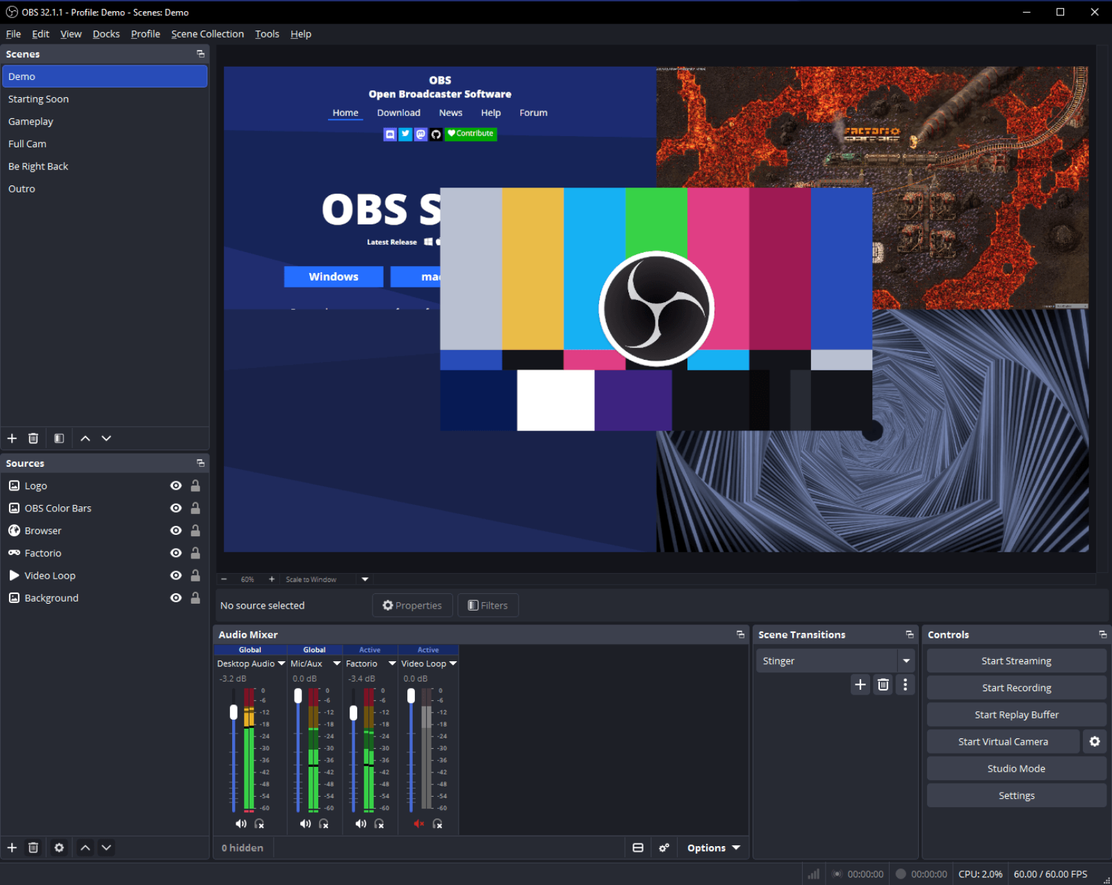 OBS Studio 32.1.1 interface with scenes, sources, audio mixer and recording controls