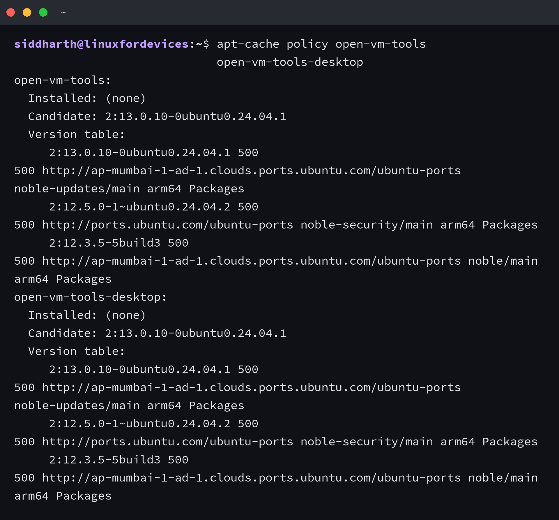 Ubuntu apt-cache policy showing installed and candidate versions for the core and desktop VMware guest packages