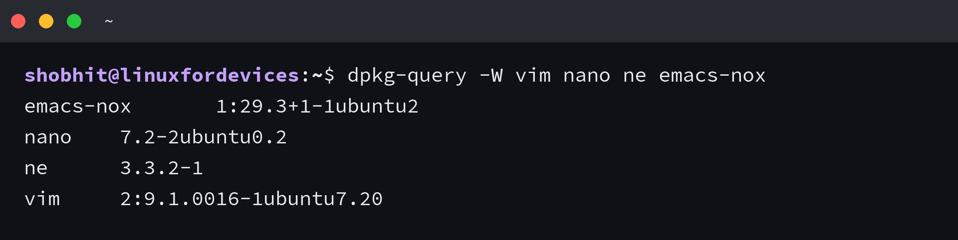 Package versions for vim, nano, ne and emacs-nox reported by dpkg-query on Debian