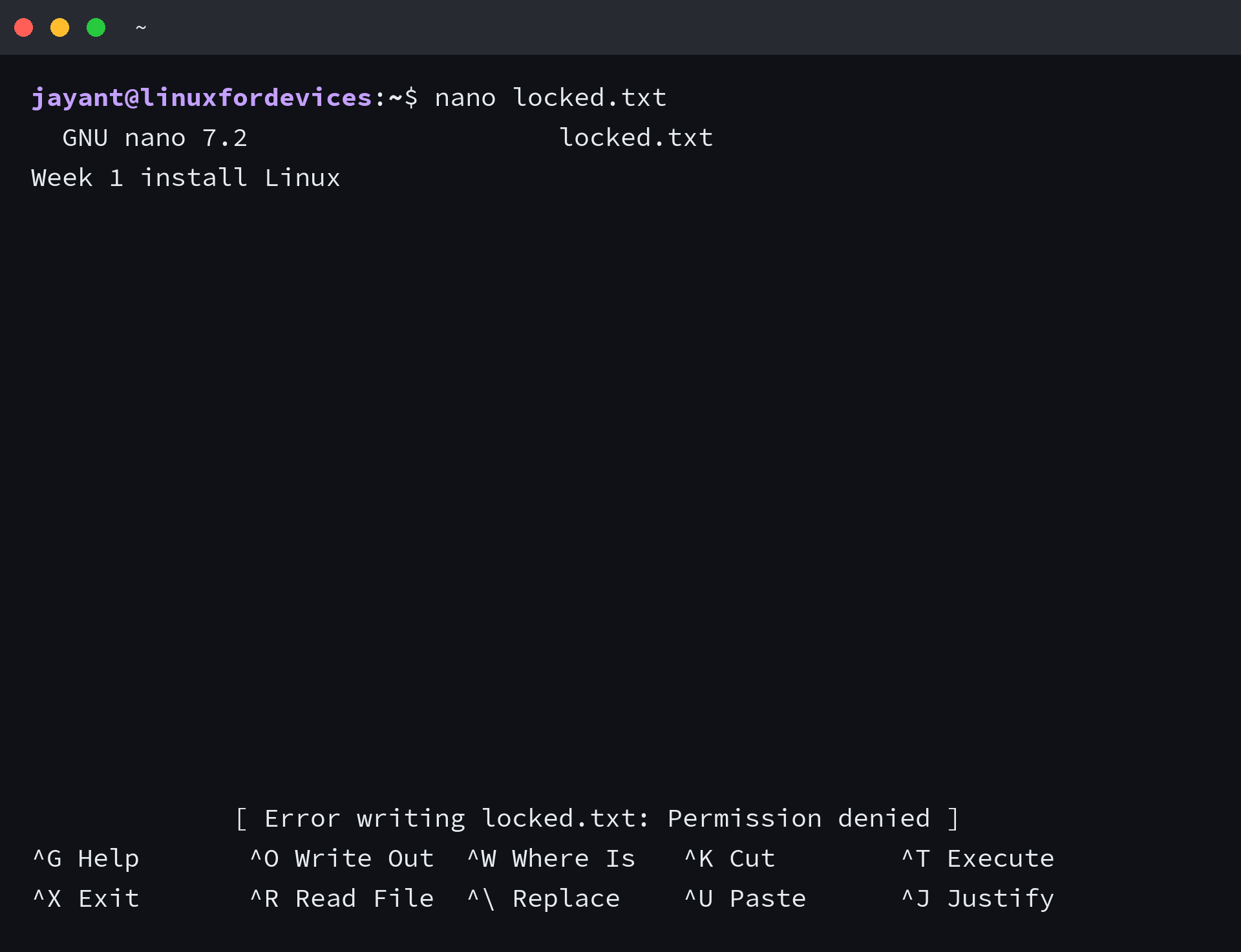 nano reporting Error writing locked.txt: Permission denied in the status line