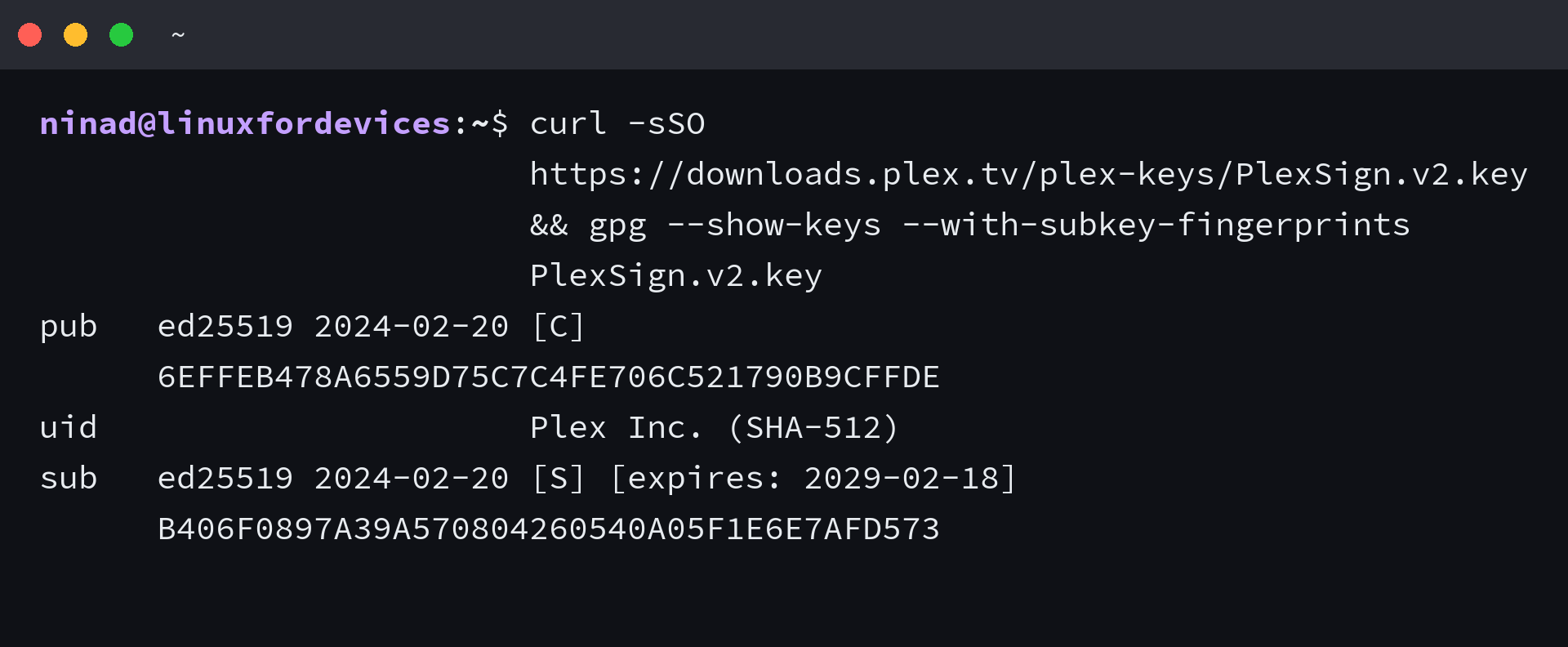 GnuPG output showing Plex Media Server signing-key fingerprints