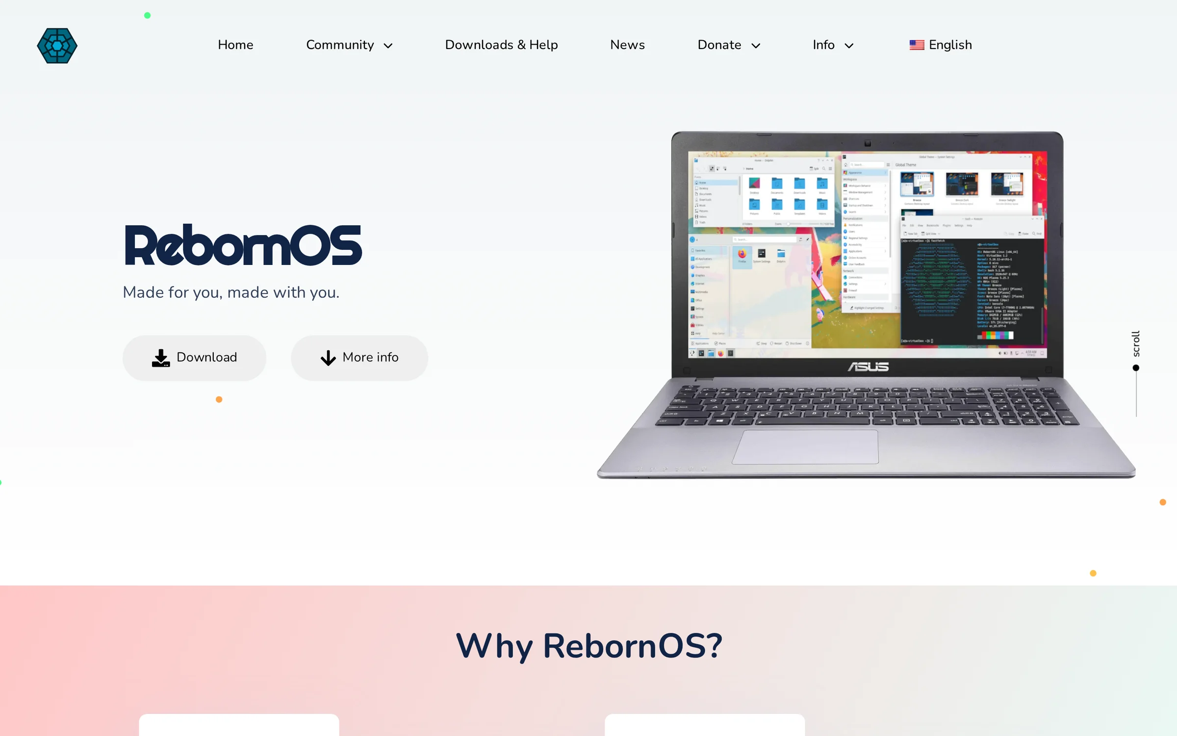 RebornOS homepage with a desktop preview and Download action