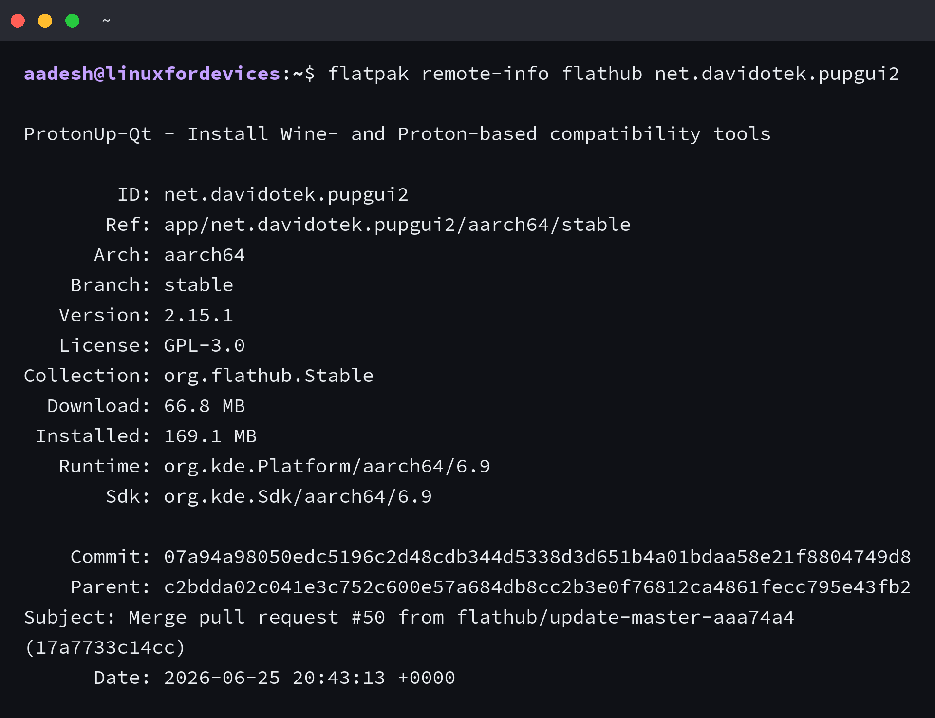 Terminal output of flatpak remote-info showing ProtonUp-Qt version 2.15.1 on Flathub