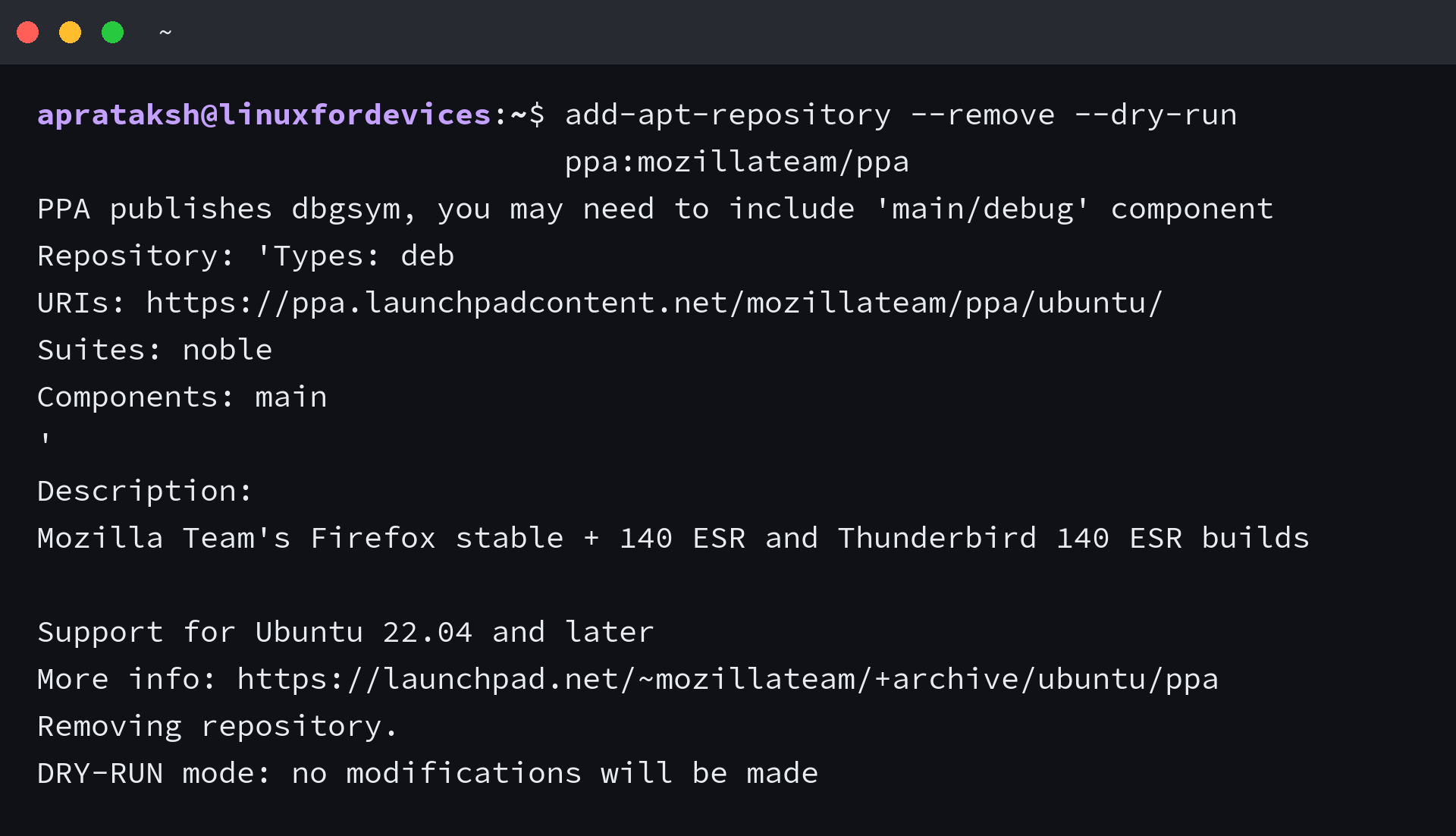 add-apt-repository dry run preview showing a PPA removal without changes