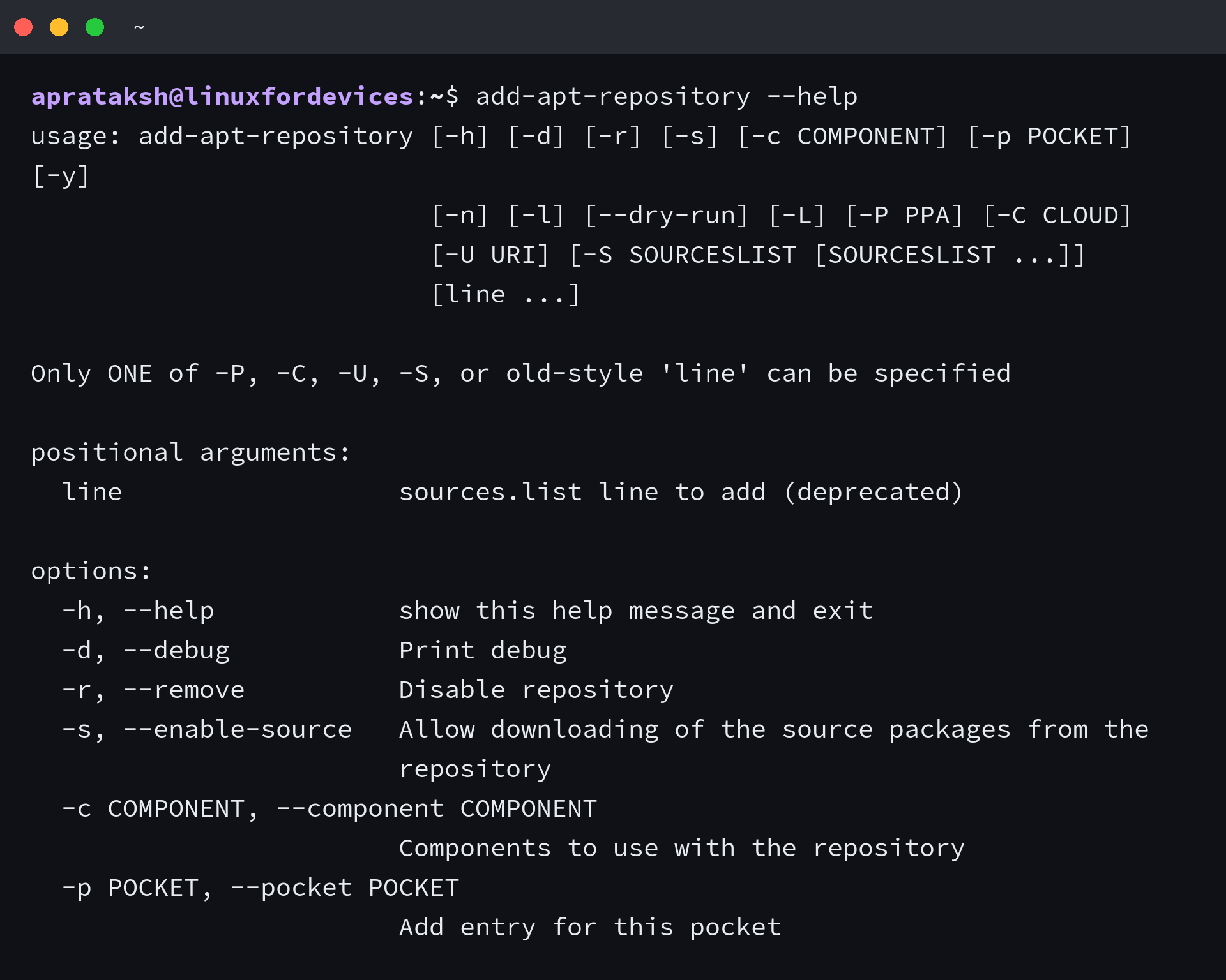 Terminal help output showing the add-apt-repository --remove option
