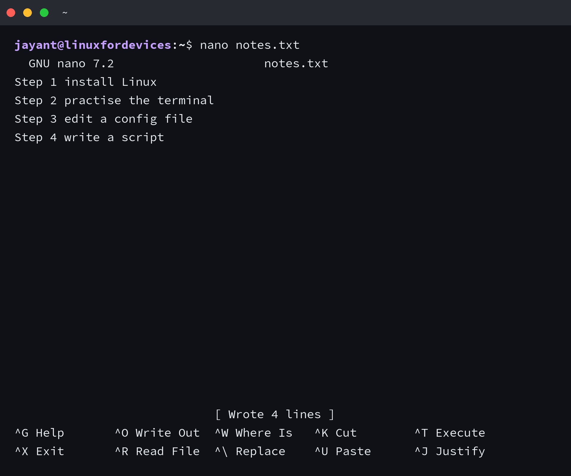 nano buffer after replacing every occurrence of Week with Step, status line reading Wrote 4 lines