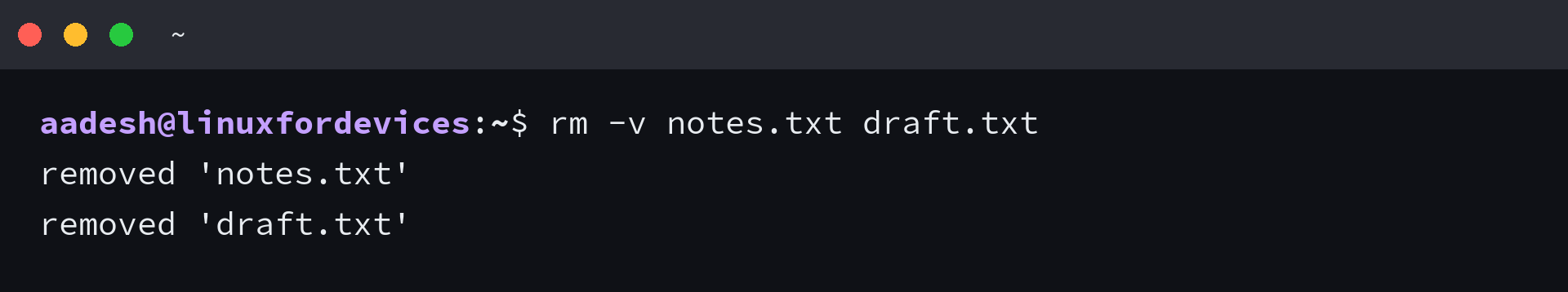 Terminal showing rm -v removing notes.txt and draft.txt