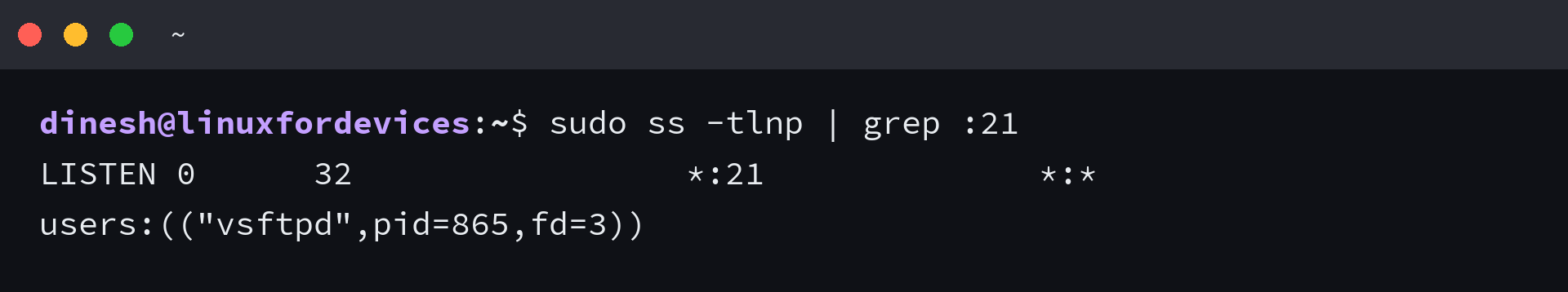 vsftpd listening on TCP port 21 shown by ss -tlnp