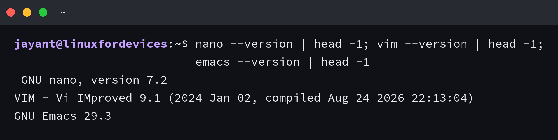 Terminal output showing the installed versions of nano, Vim, and Emacs
