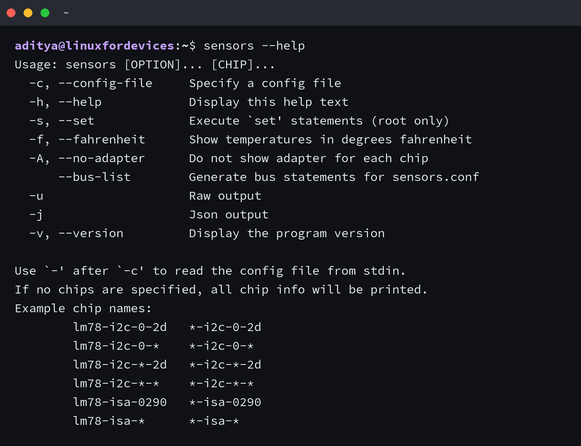 Terminal output of sensors --help listing the lm-sensors options