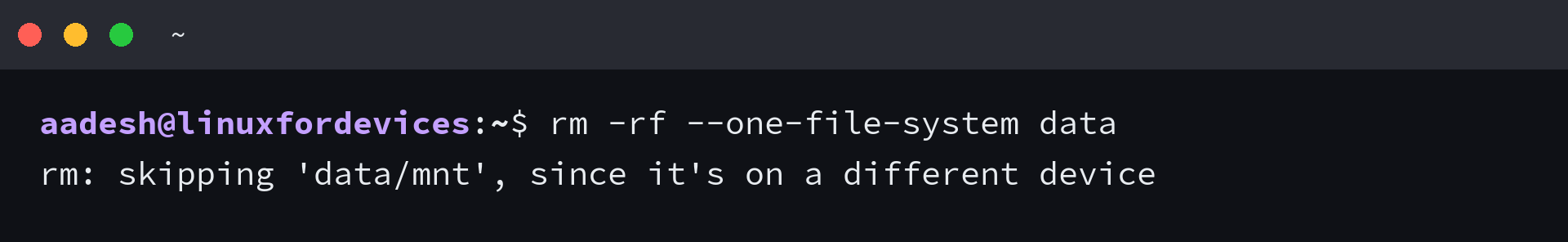 Terminal showing rm skipping a mount point during a recursive removal