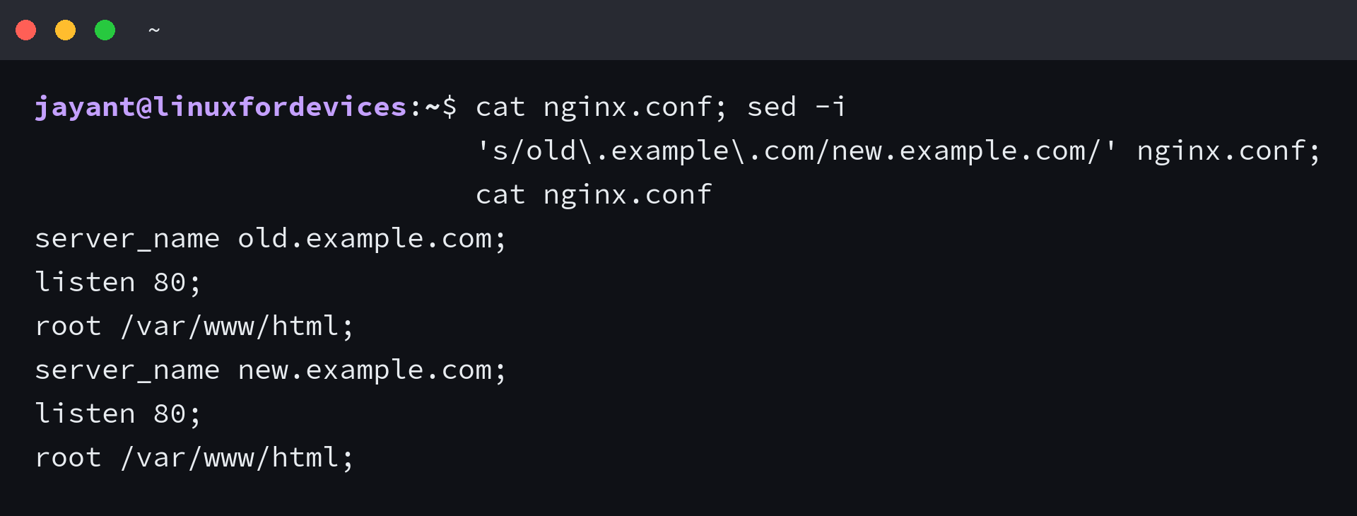 Terminal showing nginx.conf before and after an in-place sed substitution