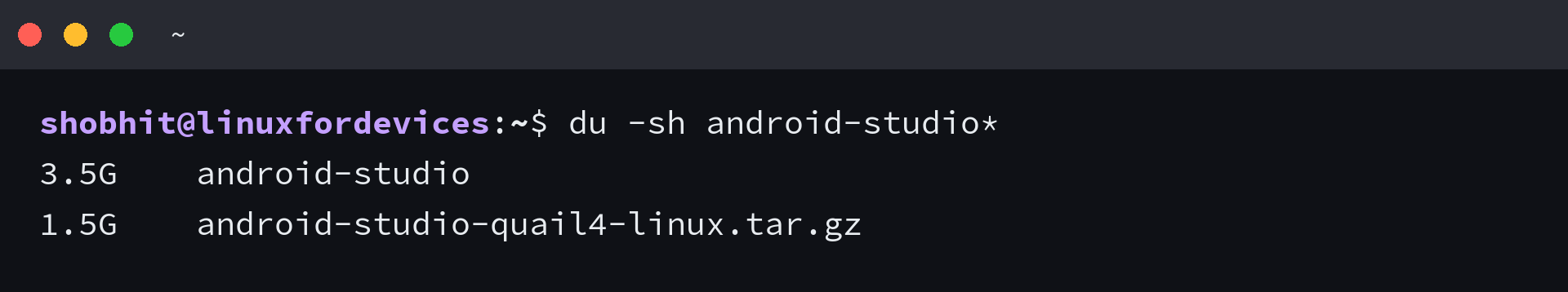 du -sh android-studio reporting a 3.5 GB tree beside the 1.5 GB archive