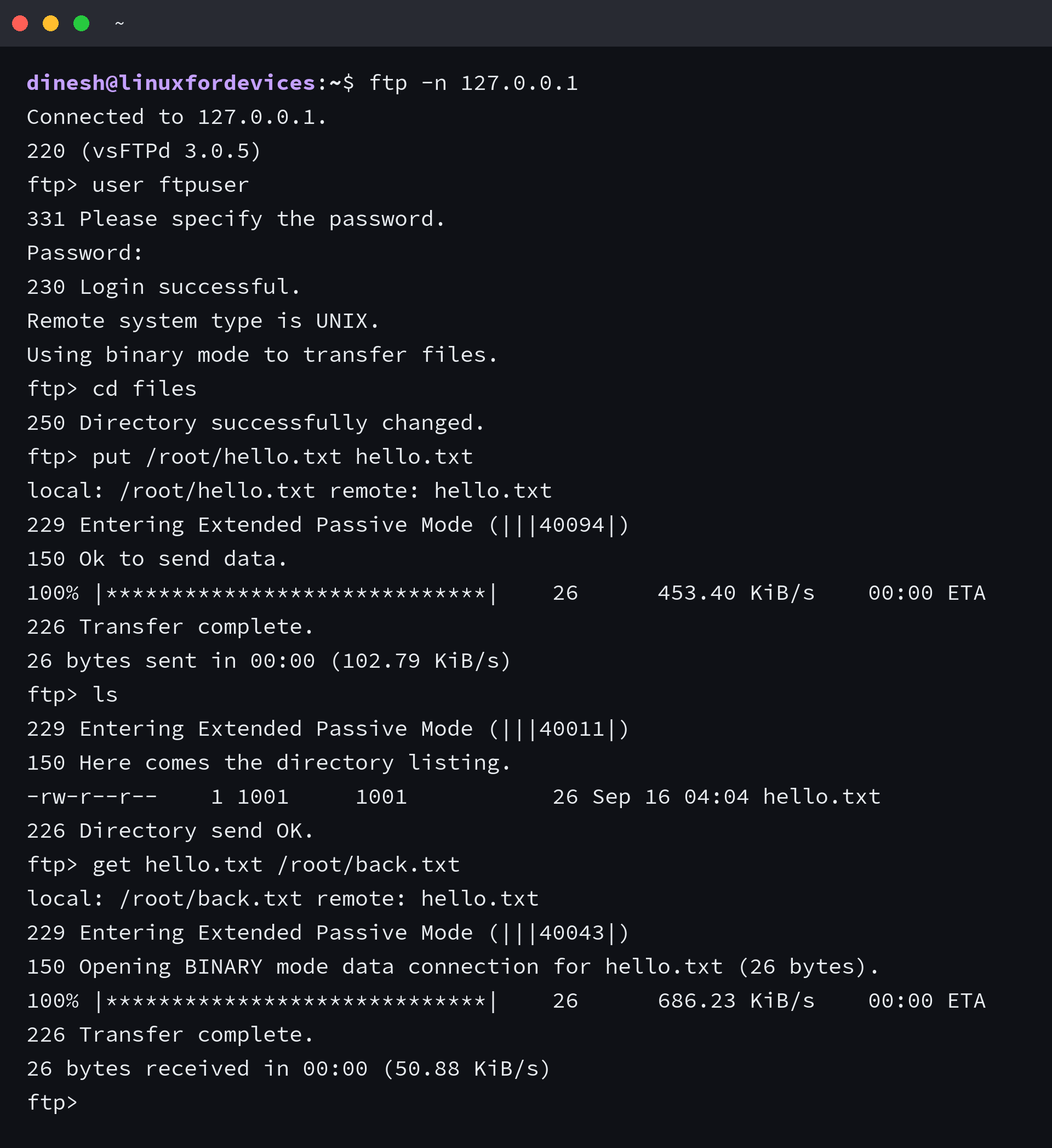 FTP client session uploading and downloading a file against a local vsftpd server