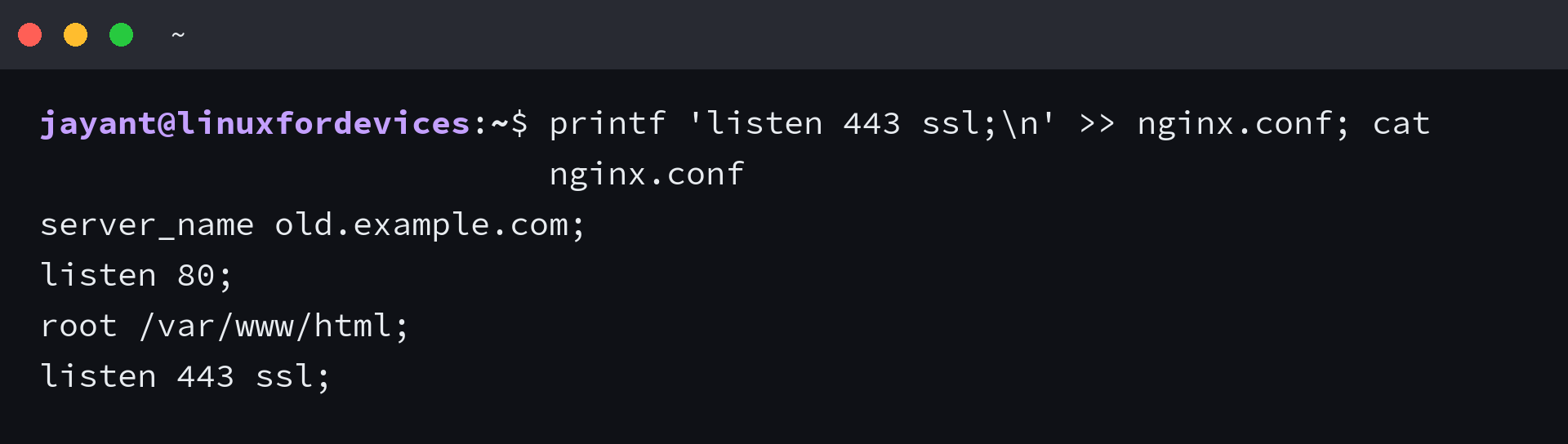 Terminal showing a line appended to nginx.conf with the double greater-than sign