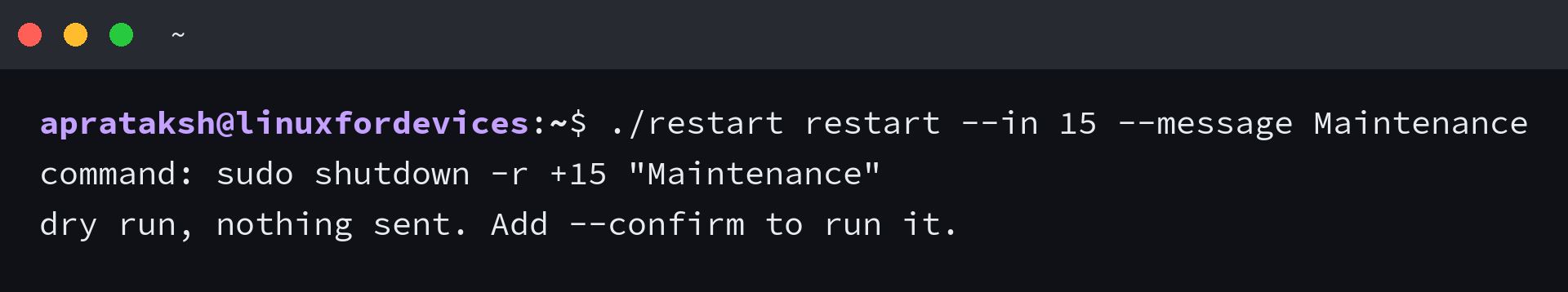 Terminal output of the C++ restart program printing the quoted shutdown command it built