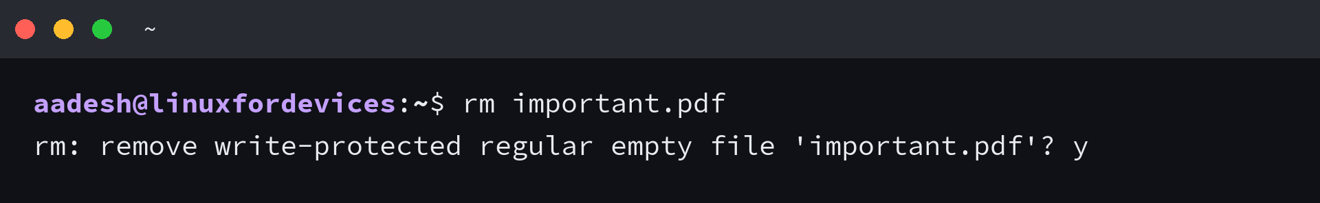 Terminal showing rm asking for confirmation before removing a write-protected file