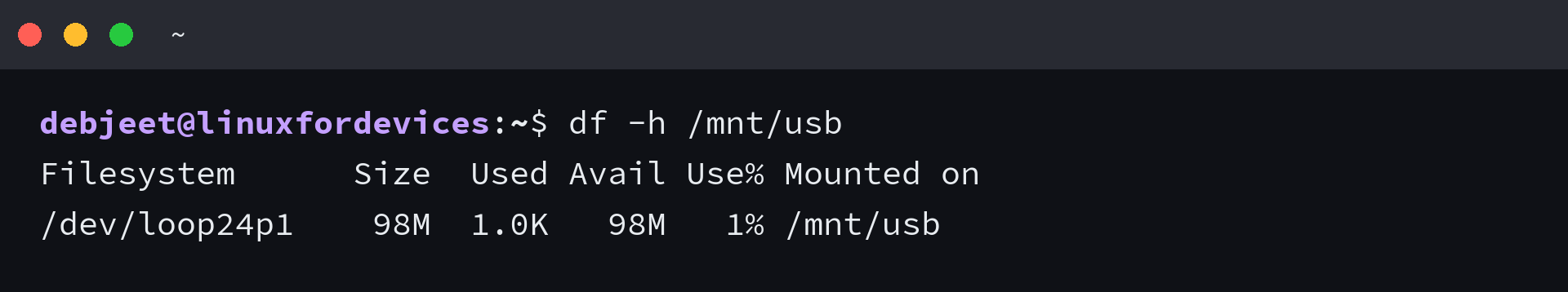 df -h output for a mounted USB partition showing the mount point and free space