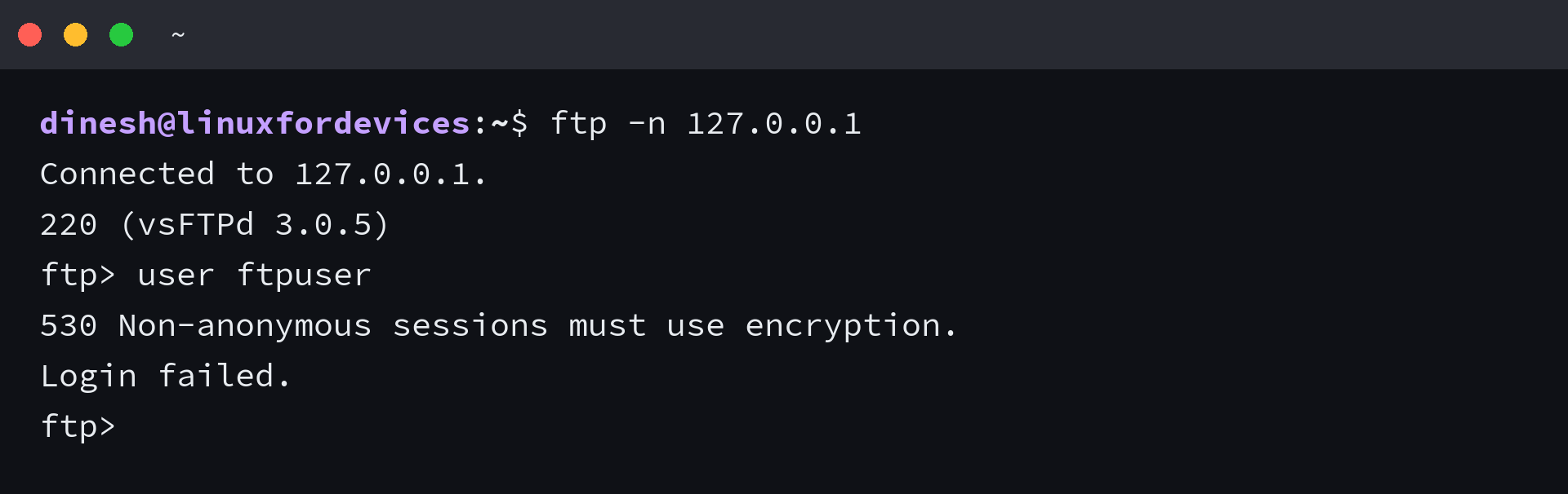 FTP client refused with 530 Non-anonymous sessions must use encryption