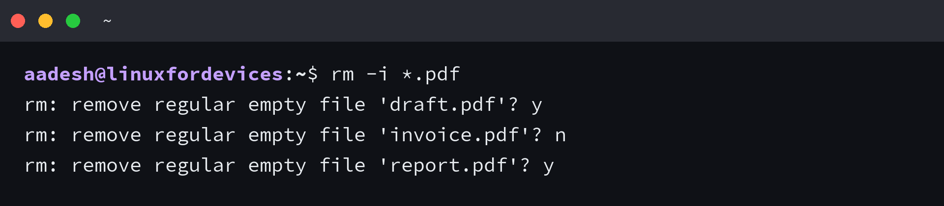 Terminal showing rm -i asking about each PDF file