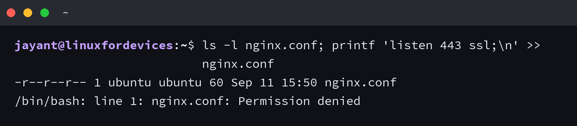 Terminal showing a read-only file and the Permission denied message that follows