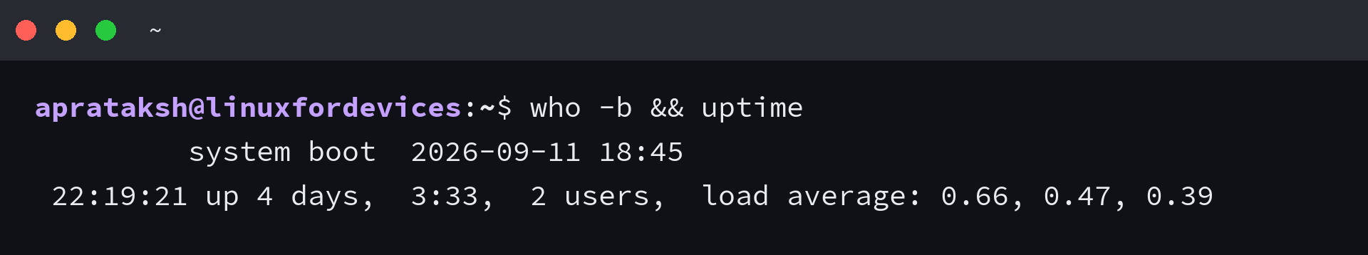 Terminal output of who -b and uptime showing the system boot time and the current uptime