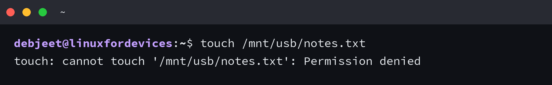 touch failing with Permission denied on a mounted FAT32 USB drive
