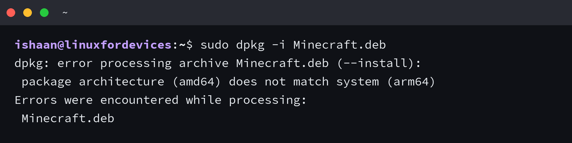 dpkg refusing the amd64 launcher package on an arm64 machine